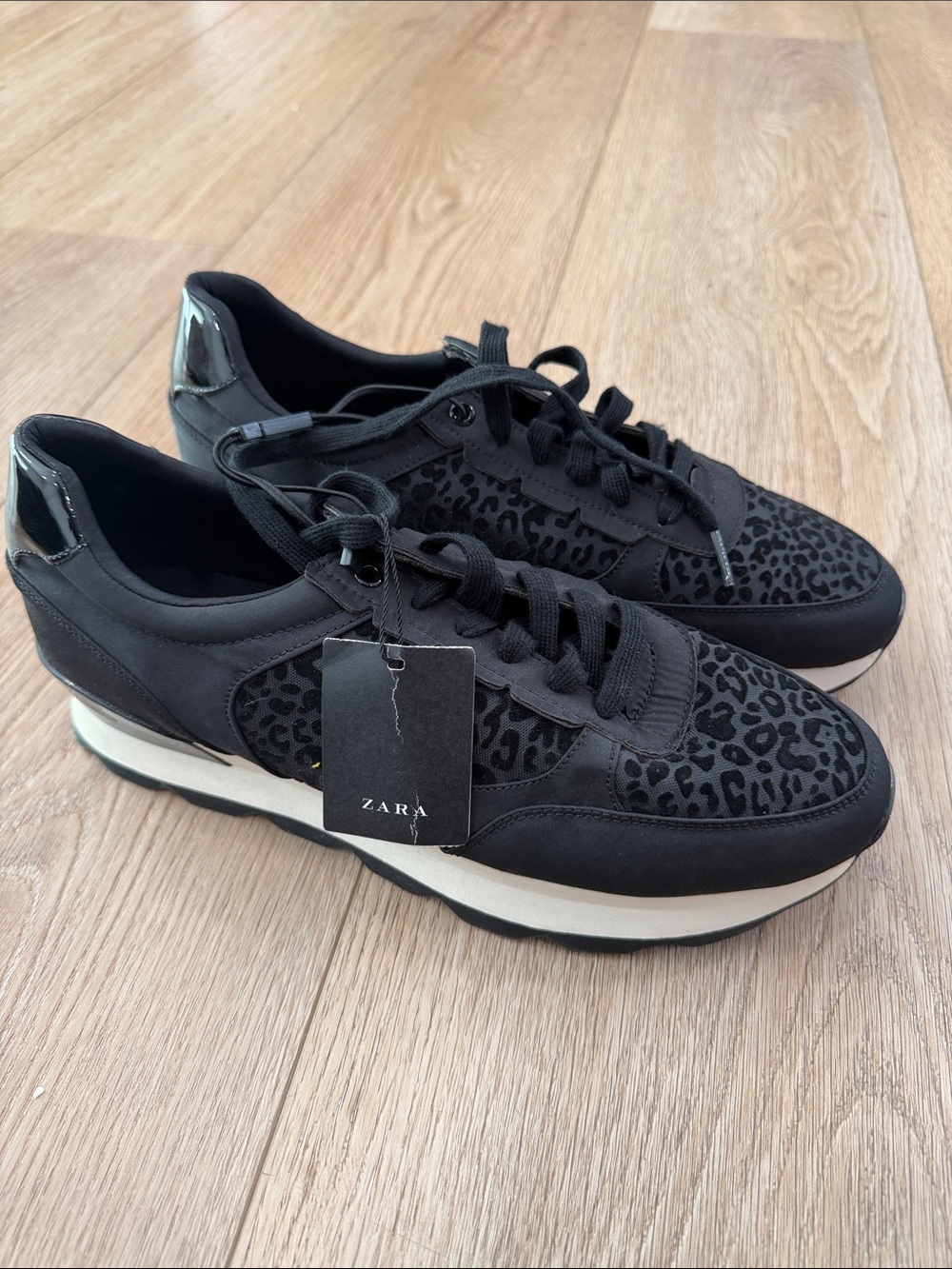 Zara Black Leopard-Print Lace-Up Platform Sneakers